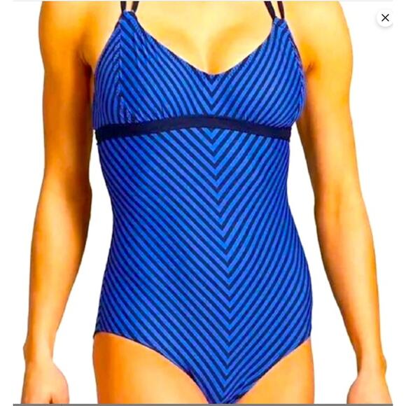 Athleta Avila Maillot One Piece Swimsuit Size M Blue Black Chevron Lace-Up Back‎ - Picture 1 of 10